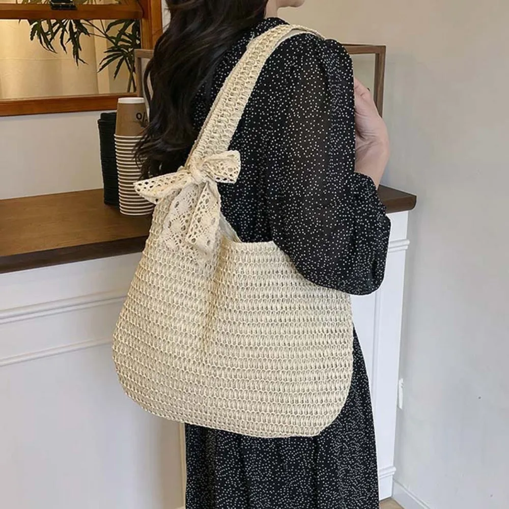 

Trendy with Ribbon Woven Tote Bag Breathable Hollow Out Shopping Straw Bag Polyester Khaki Summer Beach Handbag School