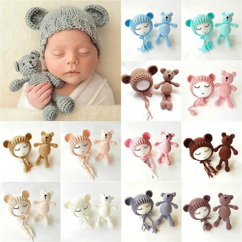 2PCS Newborn Photography Prop Baby Beanie Caps Dolls Toys Girls Boys Infant Baby Crochet Knitted Hat Photoshoot Accessories