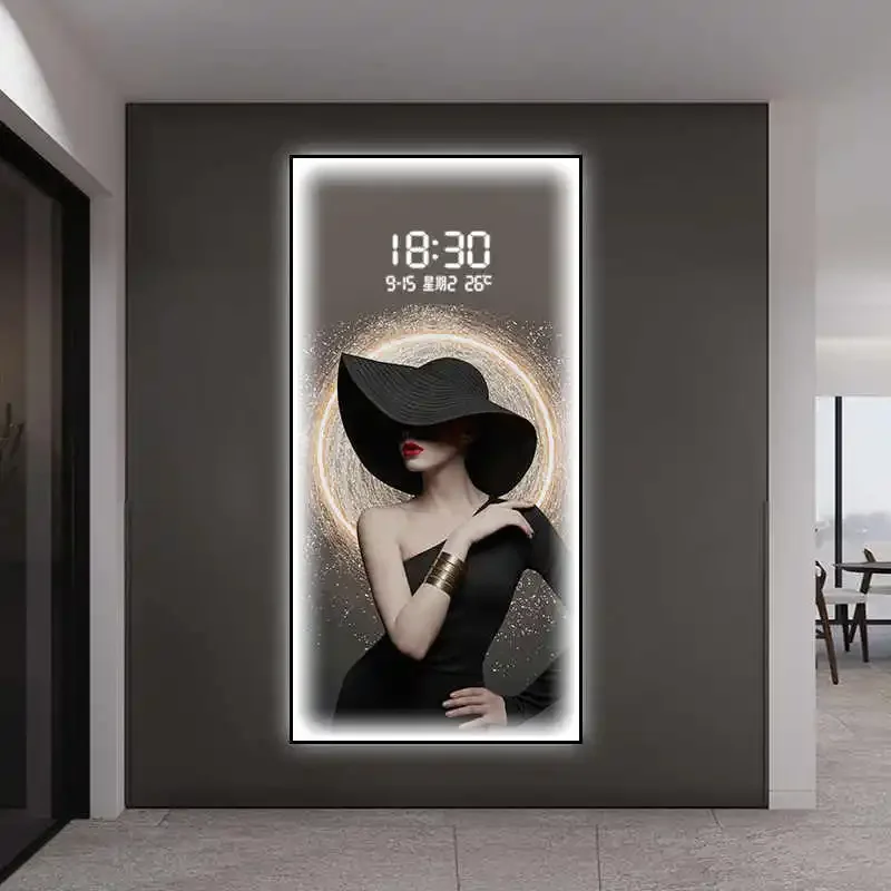 Character Painting, Living Room Entrance Decoration Painting, High-end LED With Lights, Clock Background Wall Mural