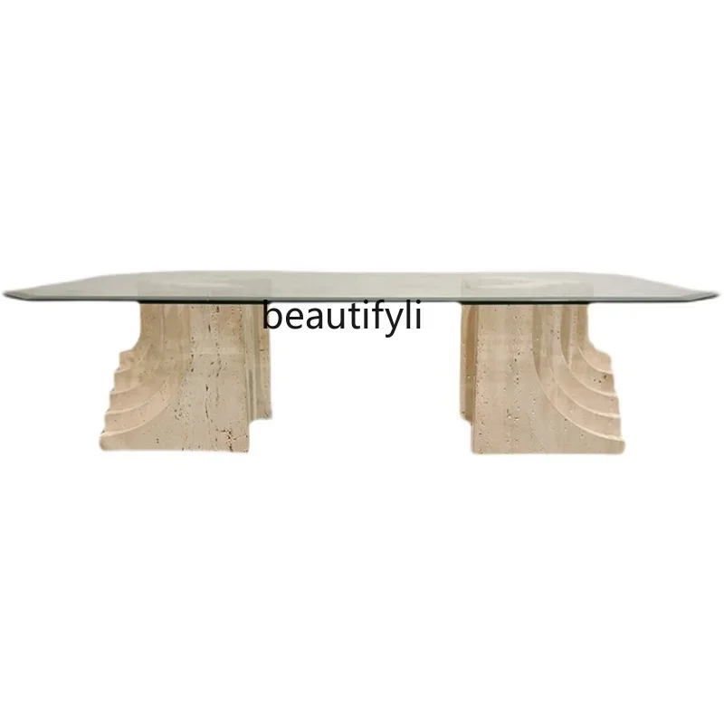 Modern simple tempered glass coffee table living room creative art square natural travertine marble tea table