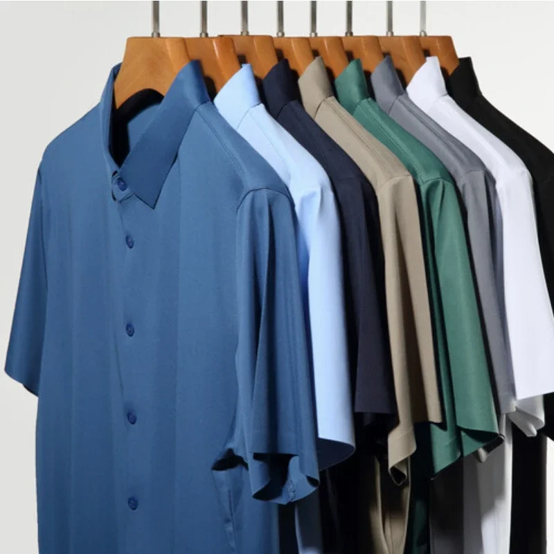 Men\'s Ultra Stretch Short Sleeve Shirt Business Casual Breathable Stretchable Abrasion-Resistant Solid Color Short Sleeve Shirt