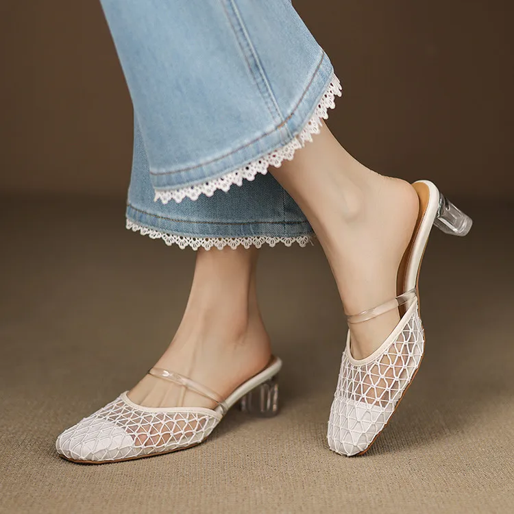 

Beige Spring Mesh Women Slippers 5cm Transparent High Heels Leisure Beach Summer Shoes Black Prom Party Slides Zapatos Femmes