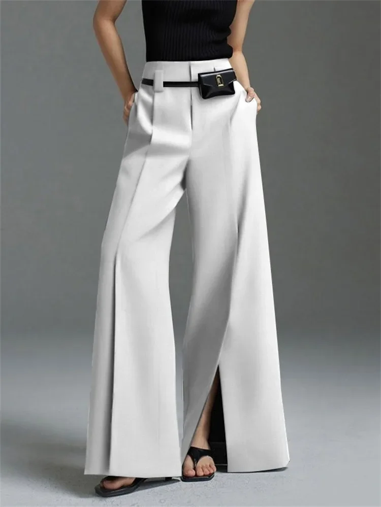 Lemongor Women Formal Suit Straight-leg Pants 2024 New Fashion Solid Color Split-Front High-Waisted Pleated Casual Trousers