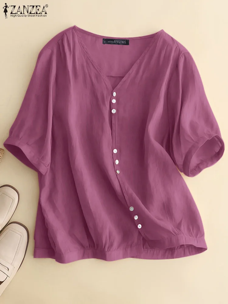 ZANZEA Summer Fashion Pleated Shirt Woman Half Sleeve V-Neck Blouse Female Casual Cotton Tunic Tops Elegant OL Work Chemise 2023