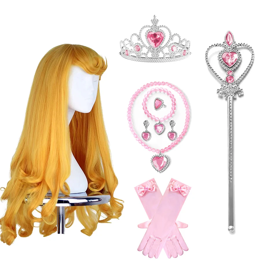 Cute Girls Aurora Cosplay Accessories for Kids Princess Role Play Dress Up Props Auroa Wig Yellow Gold Long Curly Girls Wig