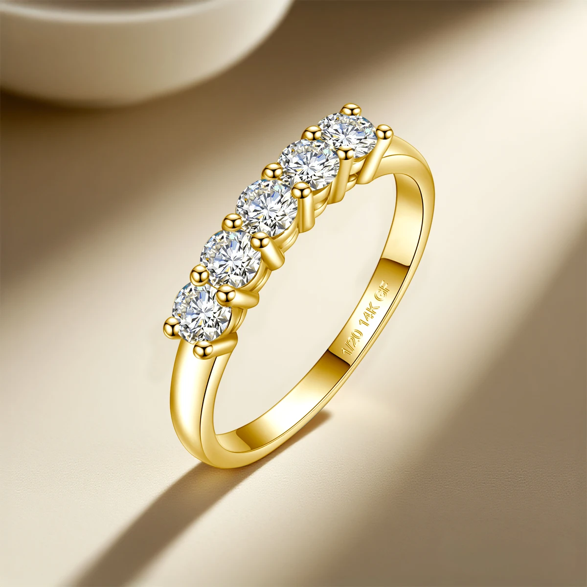 Real 14K Gold Filled Stacking Ring Five Stone Moissanite Wedding Band Finger Jewelry Accessories Anti Fading Waterproof