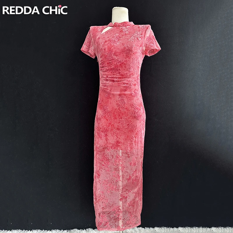 ReddaChic Vestido largo de una pieza para mujer, malla fruncida, Red Desire, fruncido, recortado, cuello alto, flocado, flor, Cheongsam, Ropa Retro