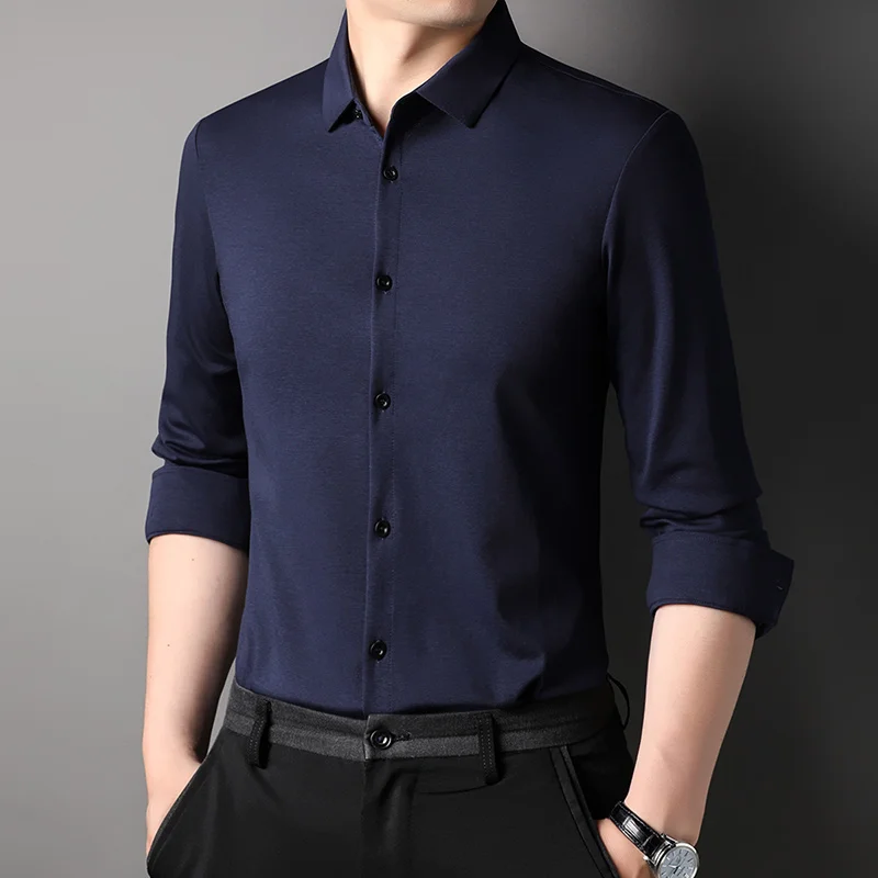 Top Grade Mulberry Silk 5.2% New Slim Fit Fashion Designer Brand Luxury Men Shirts 2023 Plain Long Sleeve Casual Mens Clothes