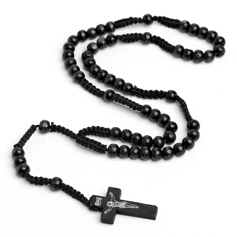 Collar de Rosario de cuentas de madera católica para mujer, crucifijo, Cruz, colgante INRI, cadena de cuerda trenzada a mano, joyería de oración religiosa para hombres