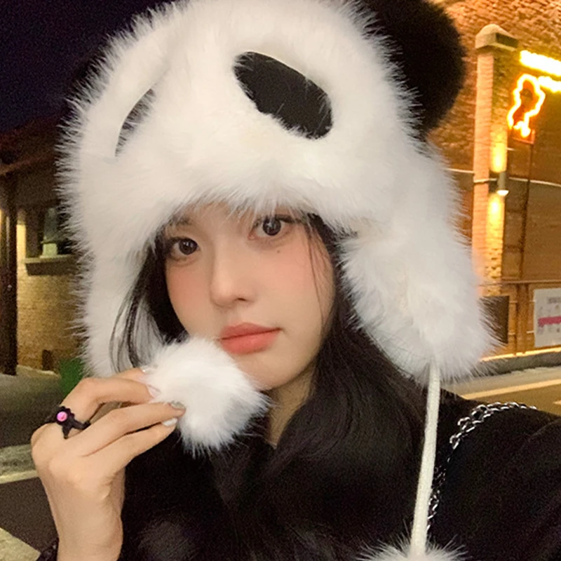 Women Winter Warm Cute Panda Fur Imitation Mink Plush Hat Thickened Cute Panda Japanese Bomber Hats Ear Protection Cosplay Cap