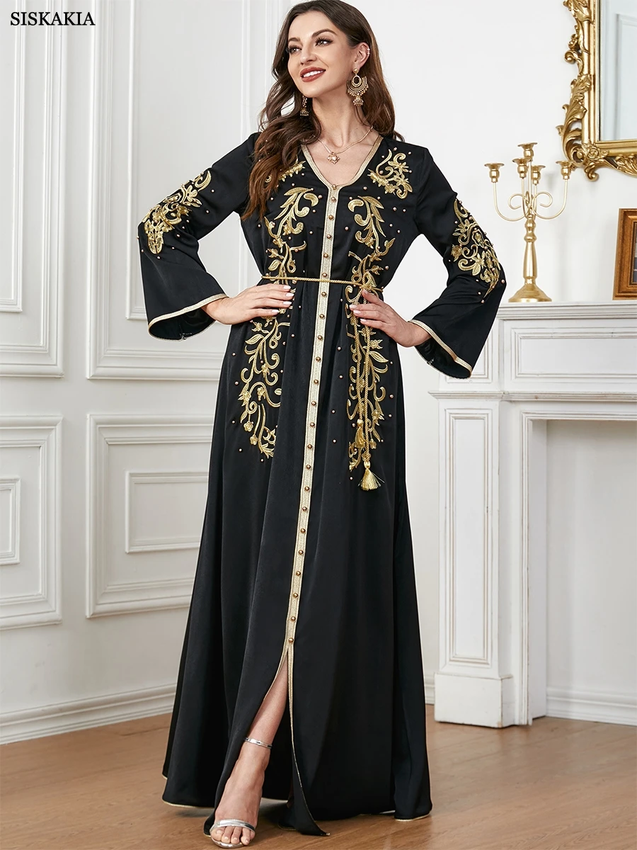 Siskakia Beading Luxurious Women\'s Evening Dress Long Sleeves Muslim Embroidery Abaya With Belt Fashion Elegant Evening Dress