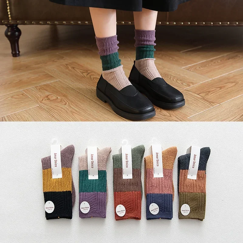 Calcetines sueltos japoneses para niñas de secundaria, medias de algodón a rayas de punto, Color de aguja gruesa a juego, Harajuku