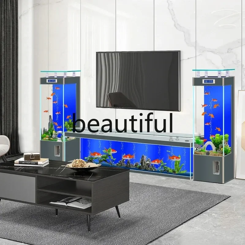 yj57 Ultra-white glass goldfish tank, large floor-to-wall in the living room, lazy water-free aquarium