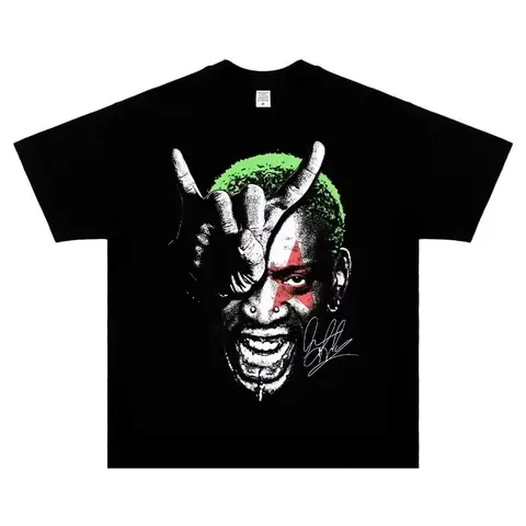 웜 데니스 로드맨 헤드 그래픽 Tshirt 남성 빈티지 특대 농구 소년 남성 힙합 패션 거리 복고풍 트렌드 초상화
