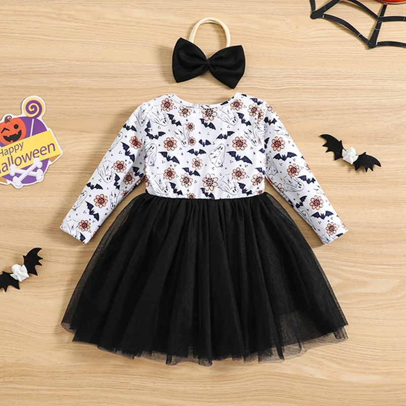 Trajes de 2 piezas para niñas, vestido de tul de manga larga con estampado de araña, bruja y calabaza de Halloween y diadema para fiesta, ropa adorables