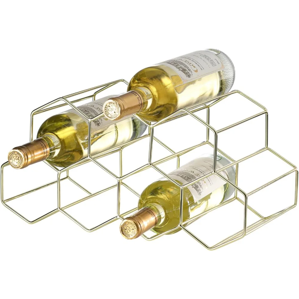 countertop wine rack - 9 bottle freestanding modern gold metal small - 2 tier tabletop wine holder stand for cabinet, pantry - w