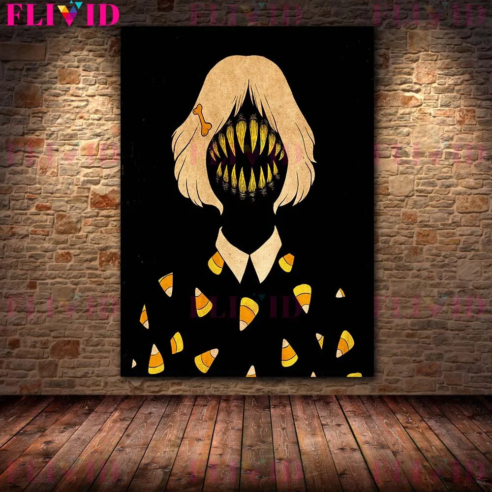 Terrible Teeth Girl Abstract Horrible Wall Art Canvas Painting Devil's Eye And Sharp Teeth Art Poster And Print Home Decoration