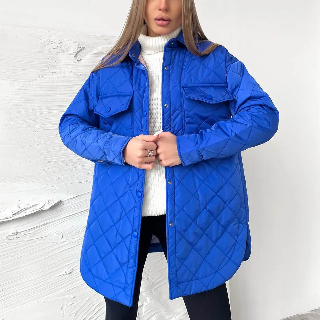 Casaco feminino de botão baixo acolchoado com bolsos, feminino de argyle parkas soltas, casaco grosso quente, monocromático, moda inverno, 2024