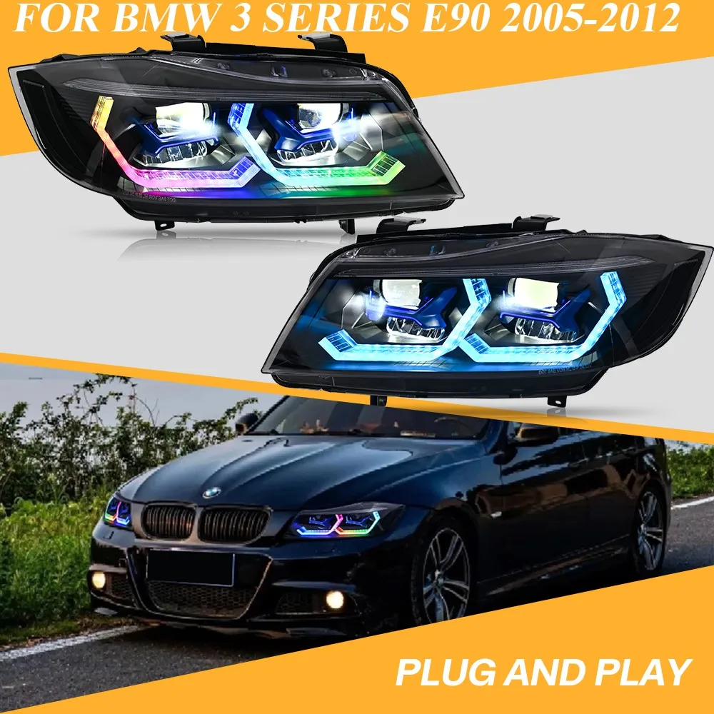 For BMW 3 Series E90 E91 2005-2012 RGB LED Headlights Assembly Pair Multi Color Xenon Head Lamps Projector Angel Eyes Custom DRL
