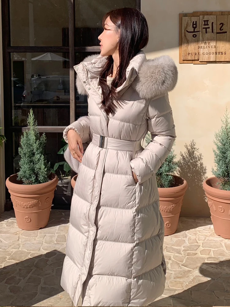 

Пуховик женский зимний с воротником из натурального лисьего меха с капюшоном меховая куртка толстая осенняя X-длинная белая куртка на утином пуху верхняя одежда