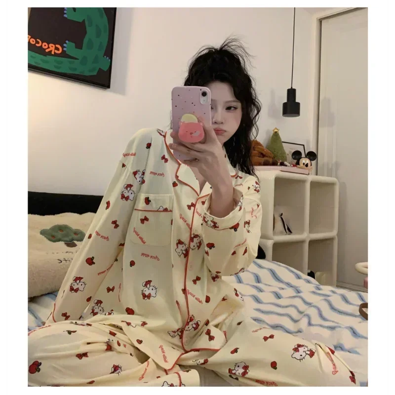 Sanrio Hello Kitty Silk Pajamas Women\'s Cotton Long Sleeves Autumn Cute Cartoon Comfortable and Breathable Home Women\'s Pajamas