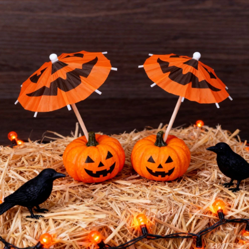 10/50/100 Stück Halloween Papier-Cocktail-Schirme Kürbis Fledermaus Mini-Cocktail-Schirme für Getränke-Dekoration Bar-Getränke-Deko – Detail 4