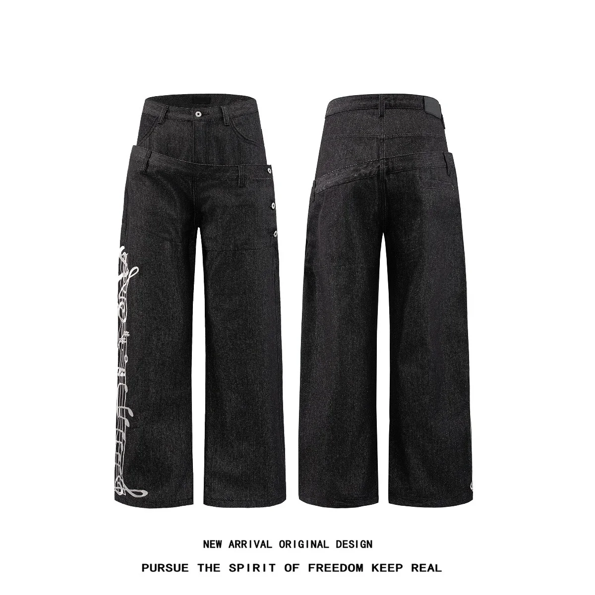 Original Denim Jeans Men Women American Street Loose Straight Stitched Waist Note Pile up Pants Casual All-Match mid Waist