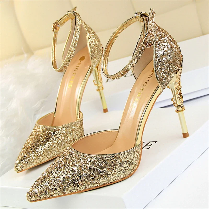 Spring Summer Golden Glitter Sequined Women Pumps Elegant Thin High Heels Fashion Ankle Strap Party Wedding Bridal Shoes