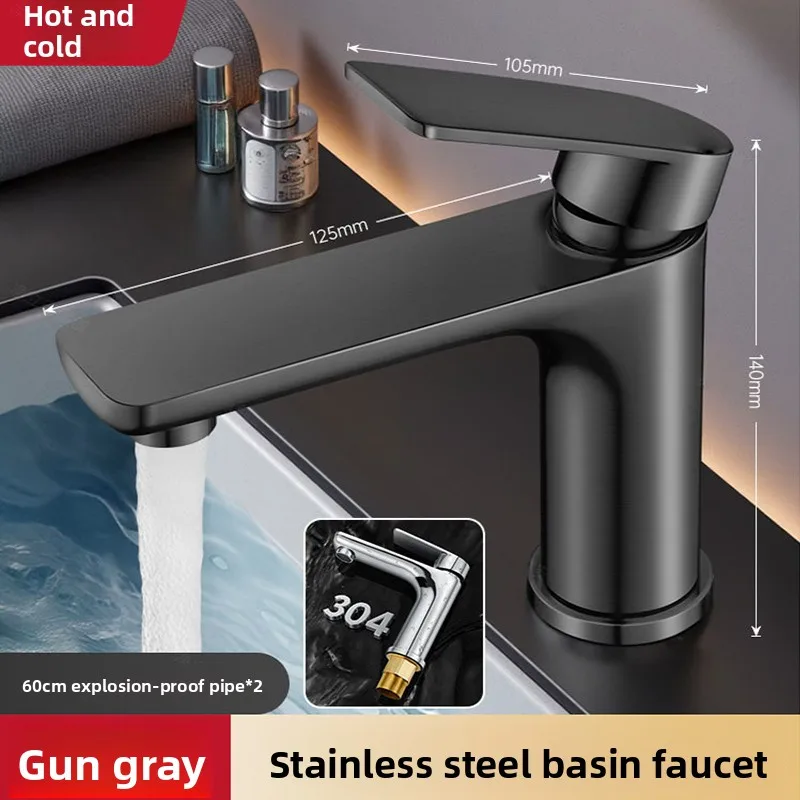 

Bathroom Basin Hot Cold Mixer Tap Stainless Steel Body Single Handle Durable Sink Faucet with 60cm Explosion-Proof Water Hoses
