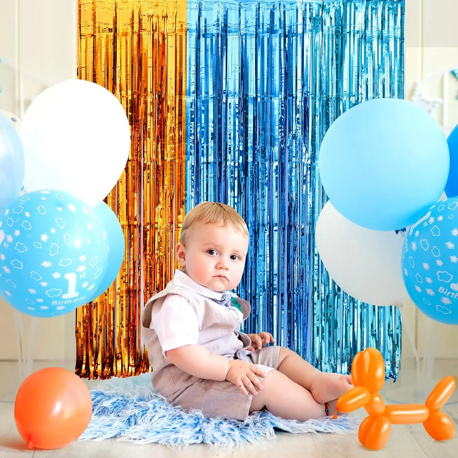 Blauer Hund, Partydekoration, orange, hellblaue Folie, Fransenvorhänge, orangefarbenes Lametta, Fotokabinen-Requisite für blaue Hunde, Geburtstagshintergrund – Detail 1
