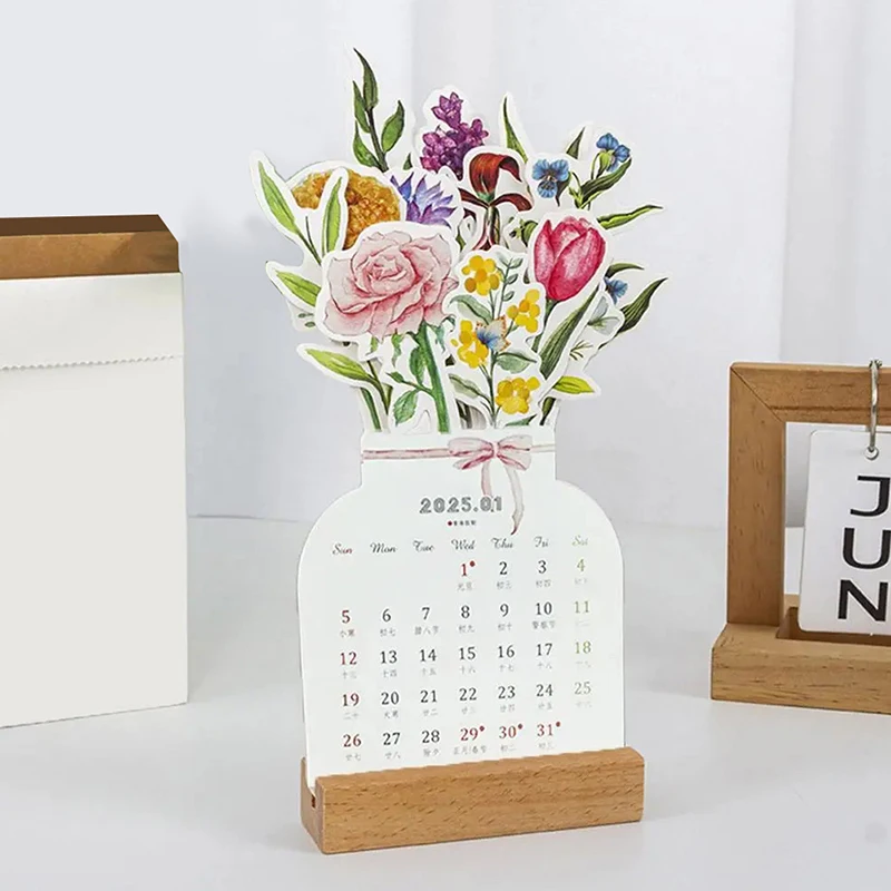 2025 Flower Desk Calendar Creative Wooden Card Calendar High Quality Desktop Calendar Illustrator Card Insertion Calendar