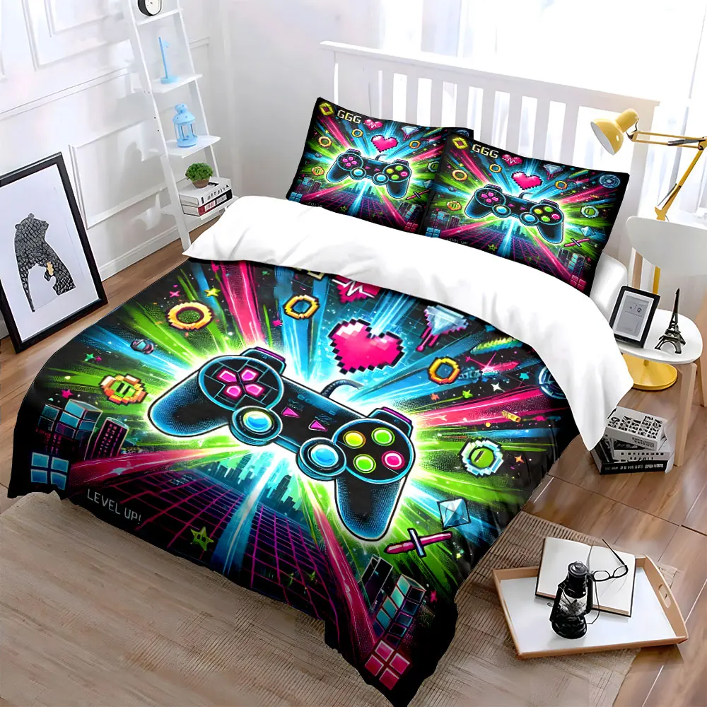 Neon Video Game Illustration Print Bedding Set 1 Duvet Cover 2 Pillowcases for Adult and Children Luxury Gift Full Size