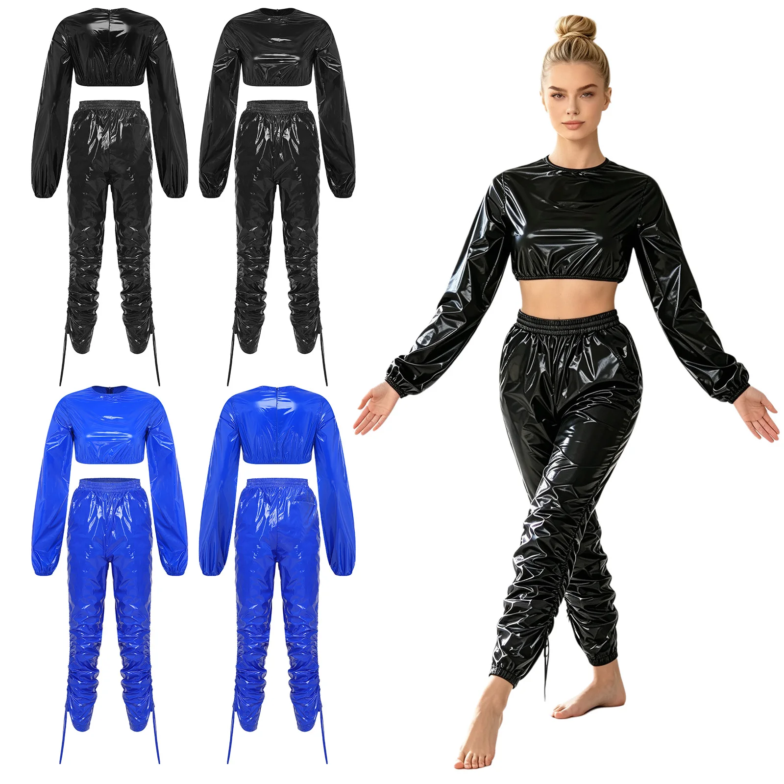 Women Vinyl Waterproof Motorcycle Suit Long Sleeve Crop Top And Capri Pants Sides Drawstrings Long Trousers for Workout Clothing