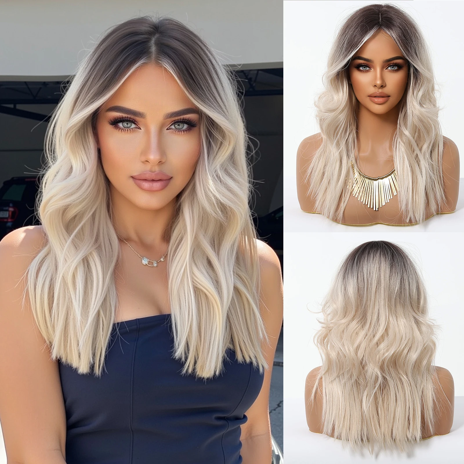 

Platinum Ombre Synthetic Wigs Medium Length Wavy Wig For Women Heat Resistant Cosplay Daily Party Lolita Medium Part Fake Hair