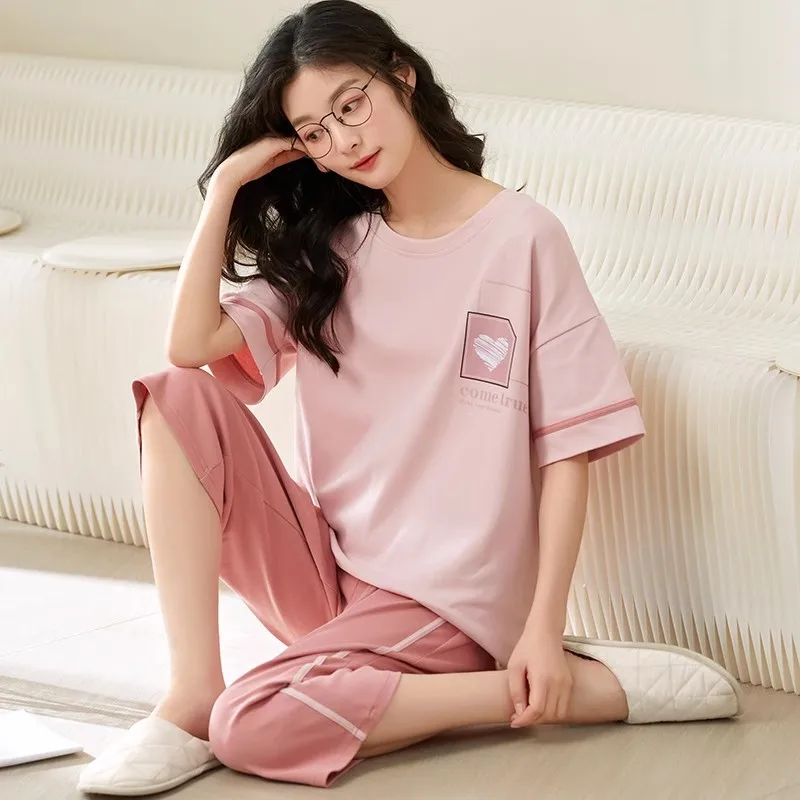 

Summer Cartoon Cotton Pajamas Set Women Pyjamas Sleepwear Nightwear Pijama Mujer Home Wear Casual Calf-Length Pants Nightsuit