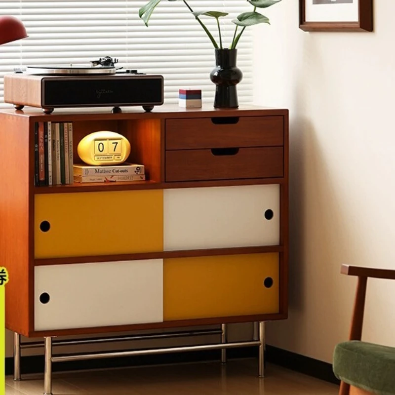 

Nordic solid wood dining side cabinet, household living room color matching sliding door locker