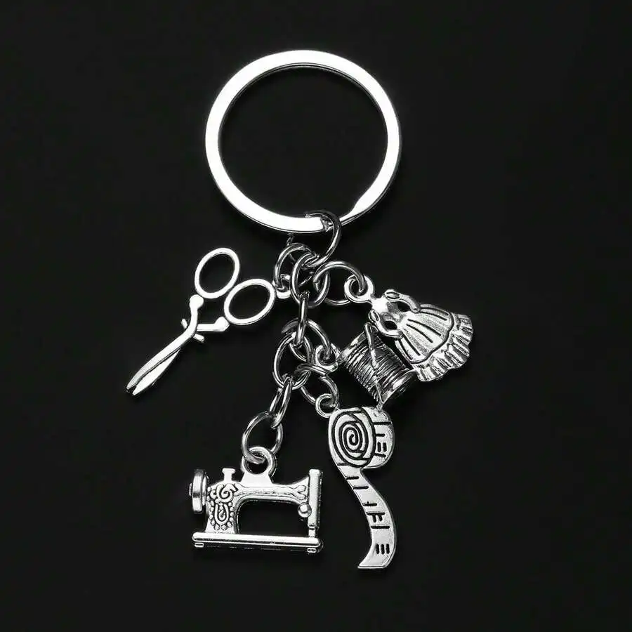 Alloy Tailor Keychain With Scissors Sewing Machine Tape Measure Charm For Adults