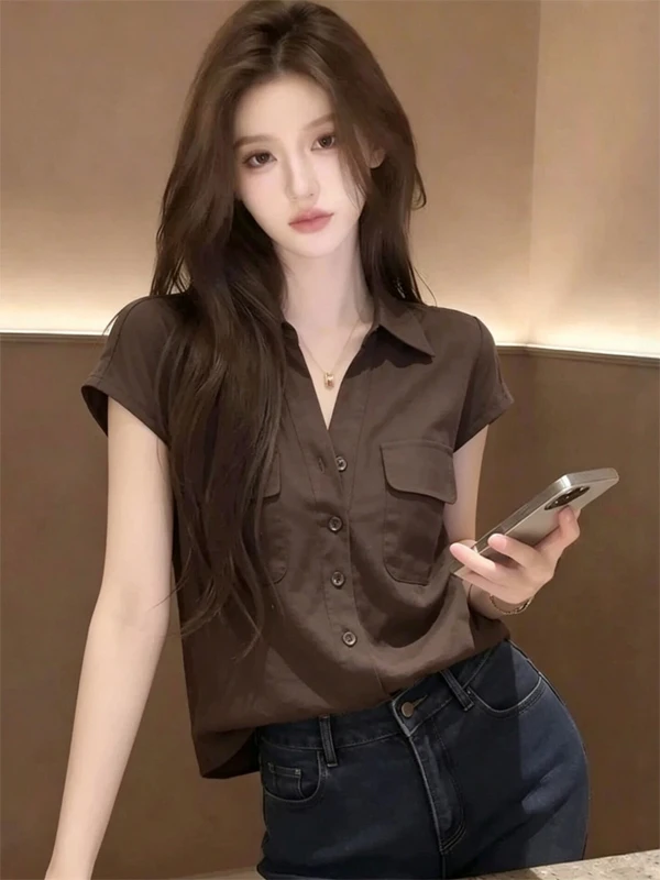 

Stylish Collar Linen Short Sleeve Shirt Women's Fashion Unique Beautiful Top French Style Loose Fit Summer 2026 New Arrival