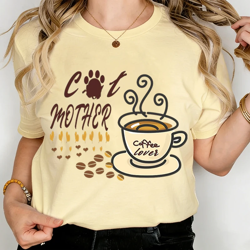 

Cat Mother and Coffee Vintage T-shirts Casual Fashion Crewneck Cat Animal Lover Gifts Fun Mother's Day Tshirts for Mom