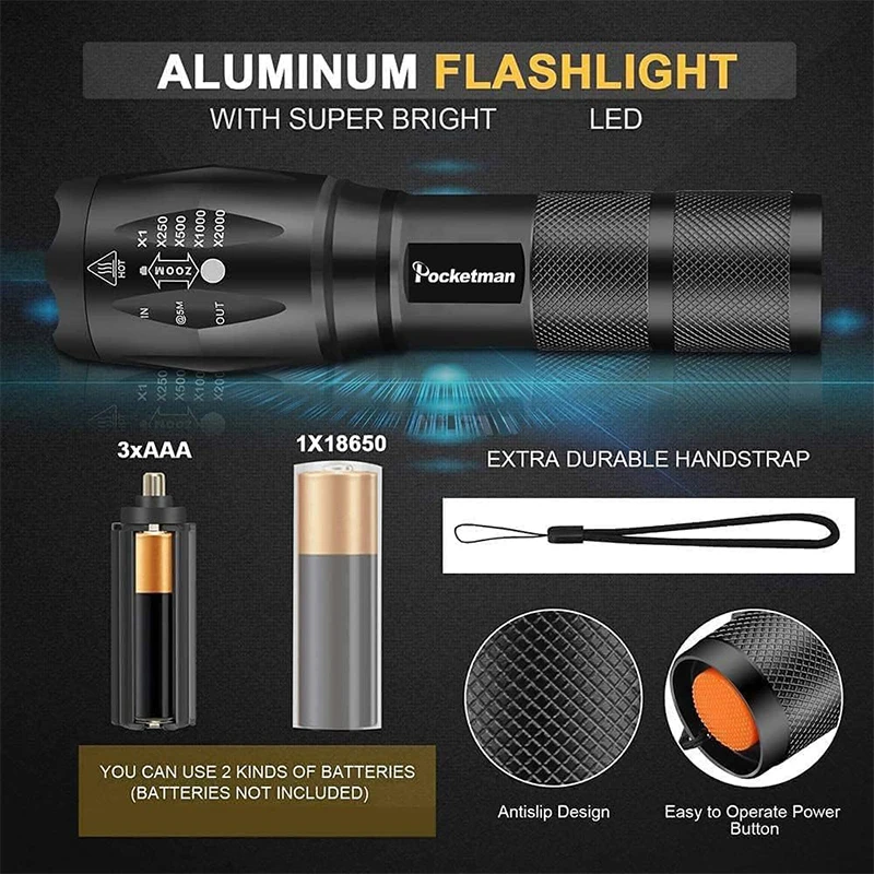 Super Bright L-2 LED Flashlight Portable Outdoor Water Resistant Torch Aluminium Alloy 5 Modes Flashlights for Camping Fishing