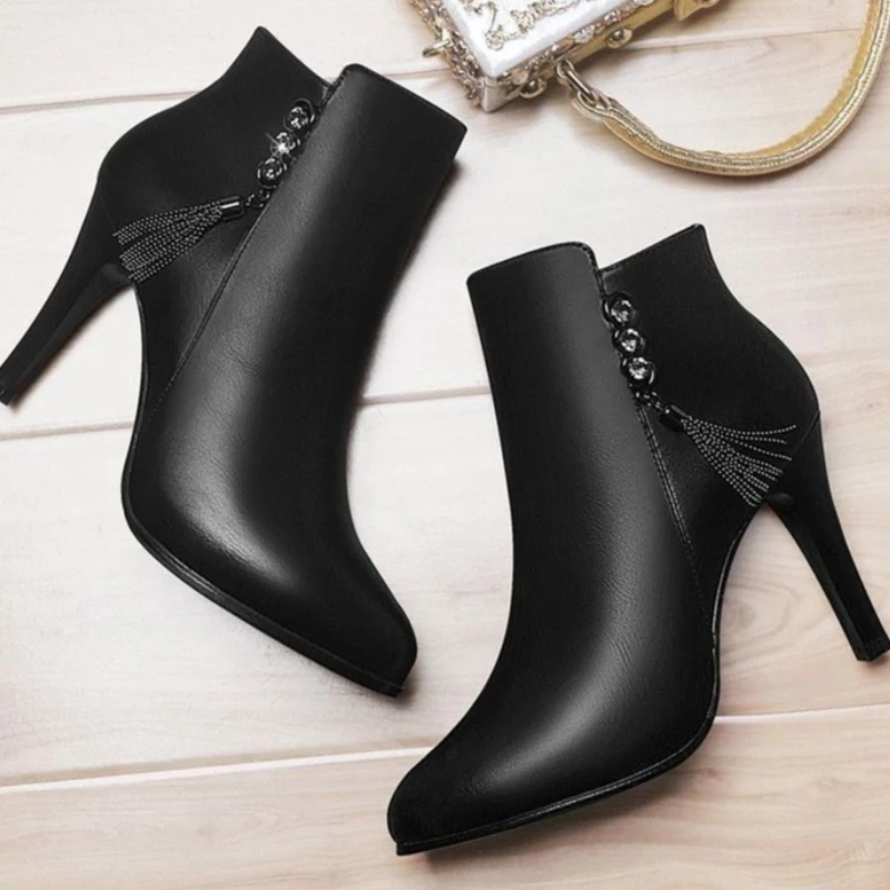 Botines de Mujer Otoño Invierno 2026, Punta Puntiaguda, Tacón de Aguja, Borlas, Pedrería, Cuero Suave, Forro Cálido de Pelo Sintético, Botas Cortas
