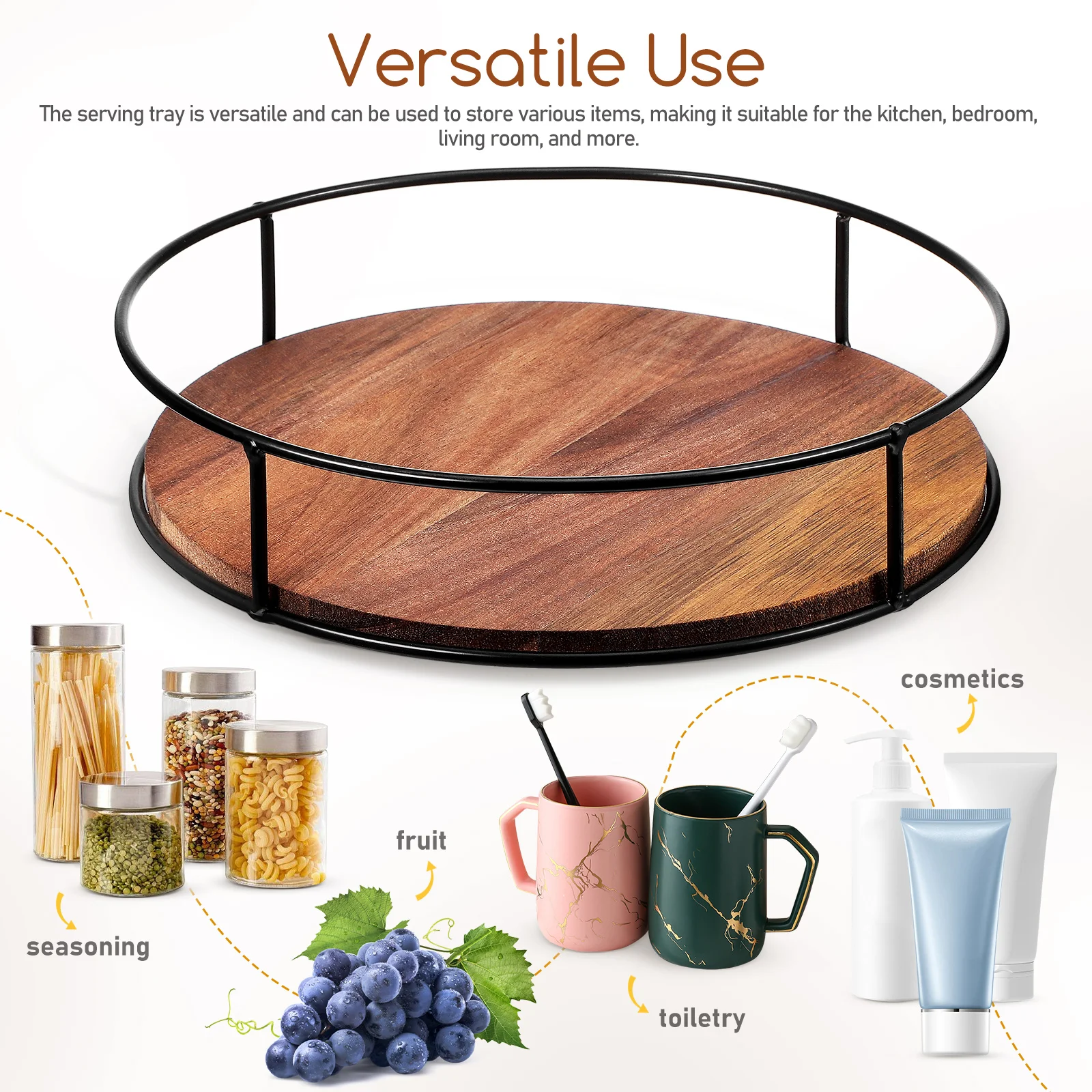 

Solid Wood Rotating Tray Sturdy Storage Rack Decorative Vanity Organizer Ample Capacity Elegant Round Tray for Coffee Table