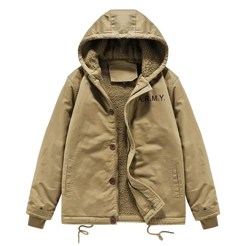 Winter Cotton-padded Men's Thickened Lamb Wool Jacket American Tooling Cotton Clothes Men's Navy Deck Clothes with Hooded Jacket