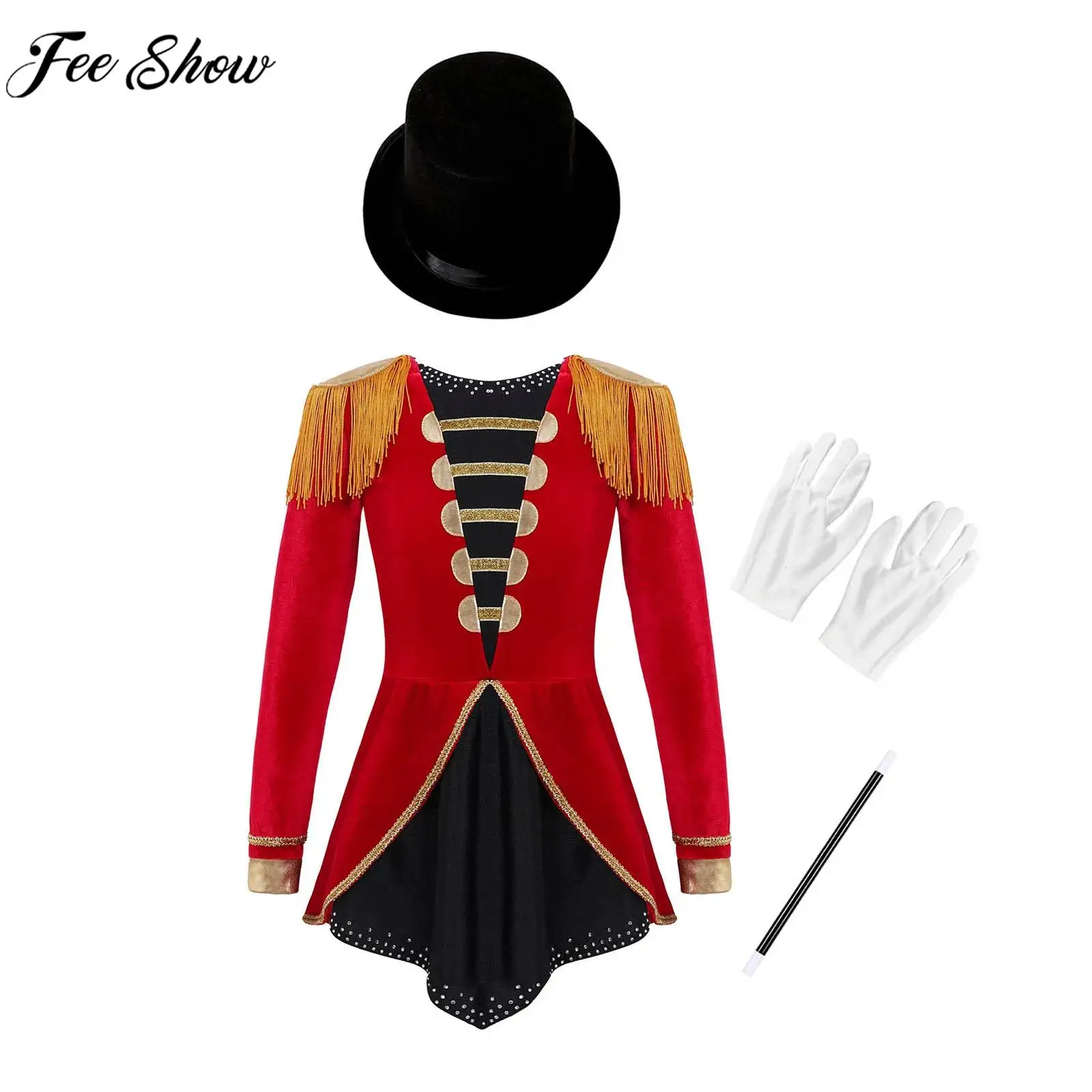 Costume de Cosplay de Magicien LYus Ringmaster pour Fille, Robe Justaucorps à Manches sulfavec Chapeau, Baguette Magique, Gants pour Performance d'Halloween