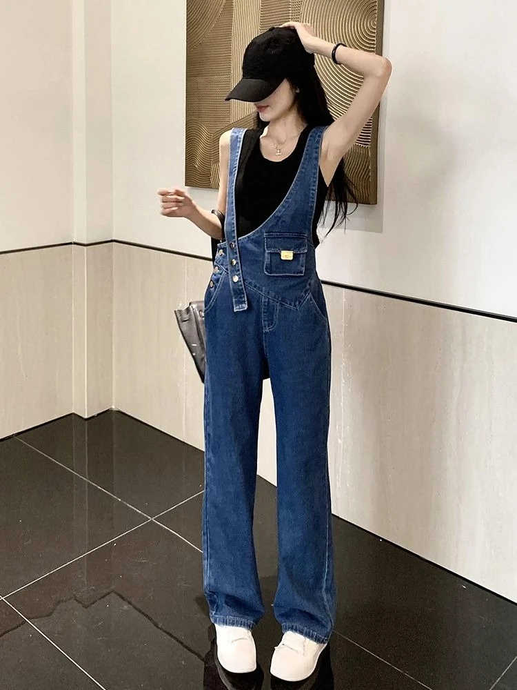 Women‘s Denim Overalls With Asymmetric Waist Bag Straight Wide Leg Metal Slim Fit Casual Jumpsuit Spring Summer New