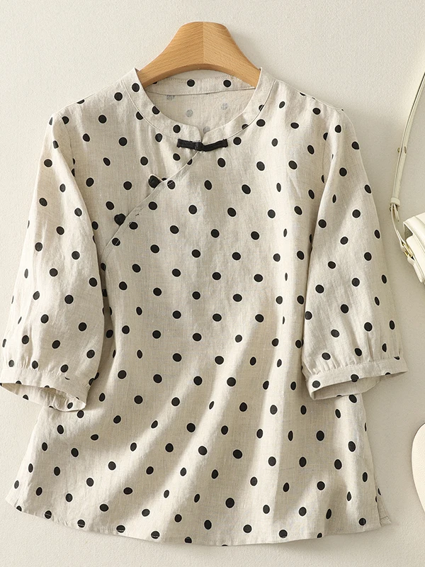 

Retro Sle Cotton Linen irt with Button Design Breathable ort Sve Women's Loose Fit Top Summer Casual Polka Dot Blouse