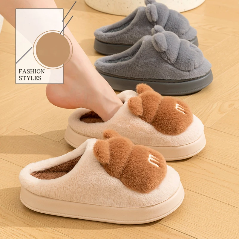 New Cartoon Bear Fuzzy Slippers Women Winter Thick Plush Warm Home Slippers Woman Eva Thick Sole Non Slip Indoor Cotton Slides