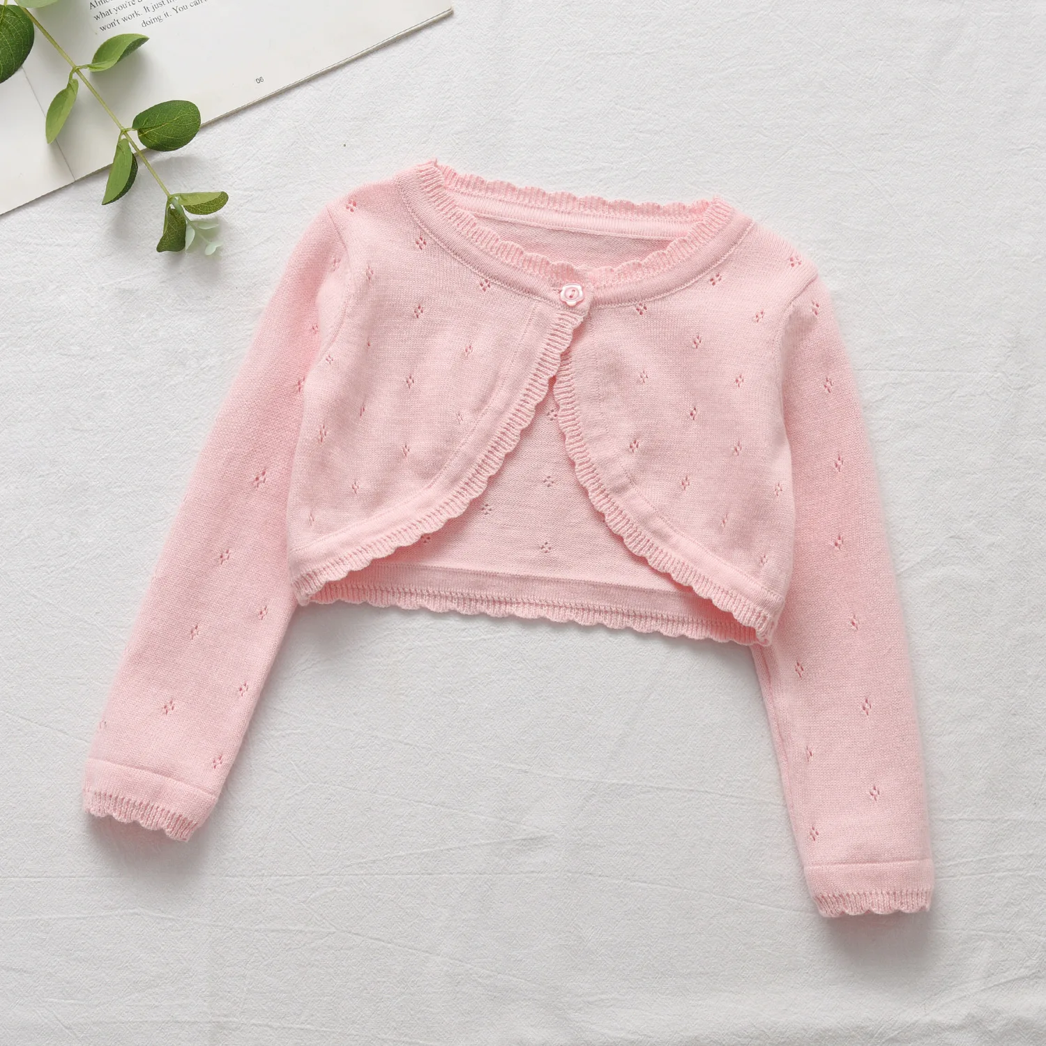 Girls' knitted cardigan spring jacket 2026 new Korean version cute fine yarn round neck thin children's hair