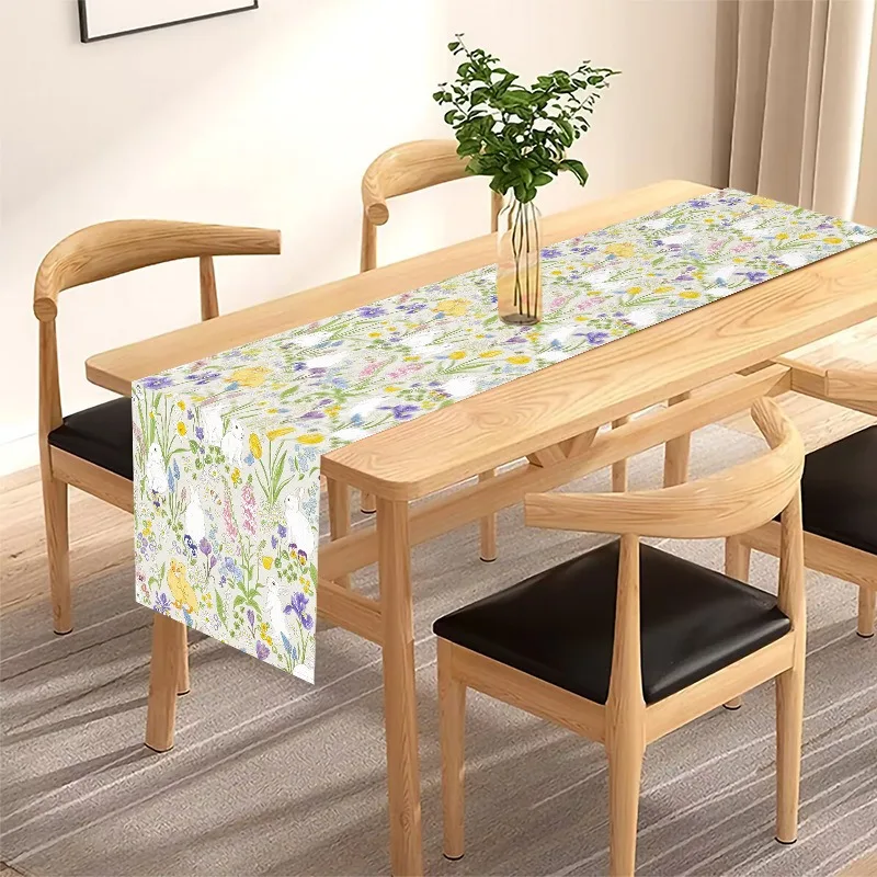 Butterflies Flowers Easter Eggs Bunny Rabbits Easter Table Runner, Leaves Kitchen Dining Table Decoration for Home Party Decor