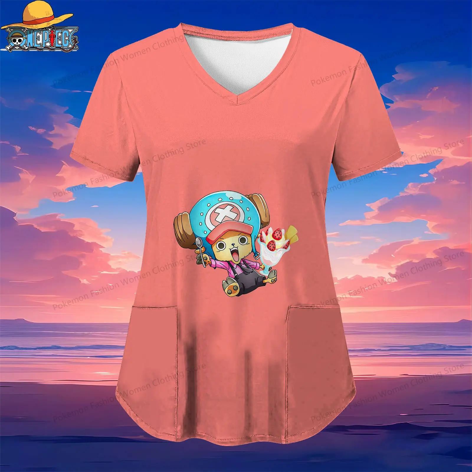 

Pocket One Piece Women's V Neck Nurse Uniform T-Shirt Woman Clothing Short Sleeve Tee Street Wear Luffy 2024 Y2k S-2XL Anime Top